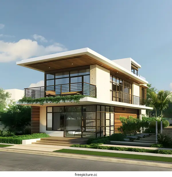 Modern Two Story Home Design With Balcony And Large Windows
