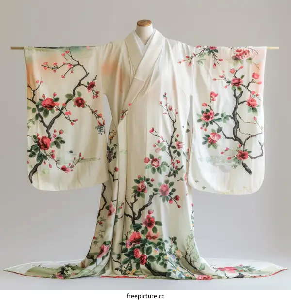A kimono with a pattern of cherry blossoms and birds