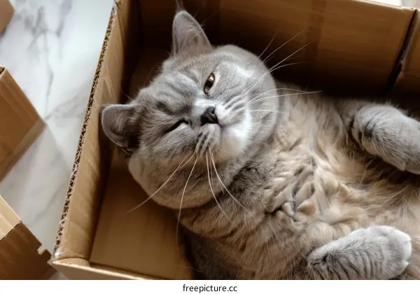 A gray cat is sleeping in a cardboard box