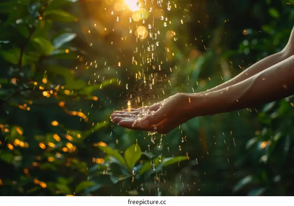 A person holding water in their hands with a green background