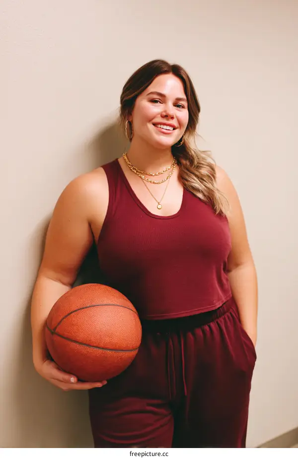 Woman Holding Basketball in Burgundy Outfit