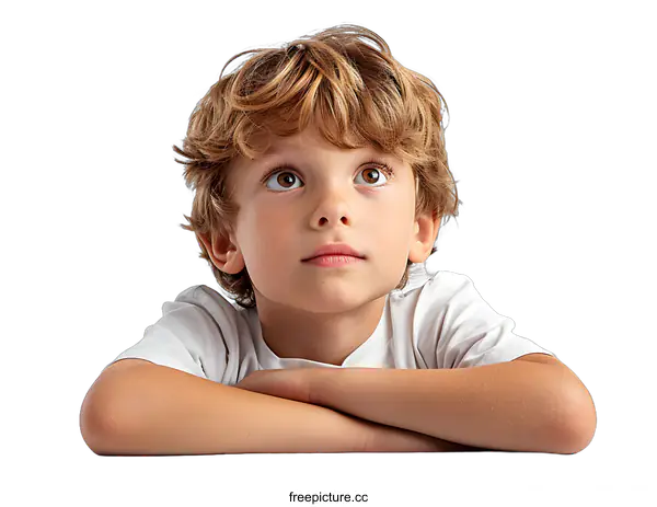 [Transparent Background PNG]Young Boy Looking Up with Curiosity