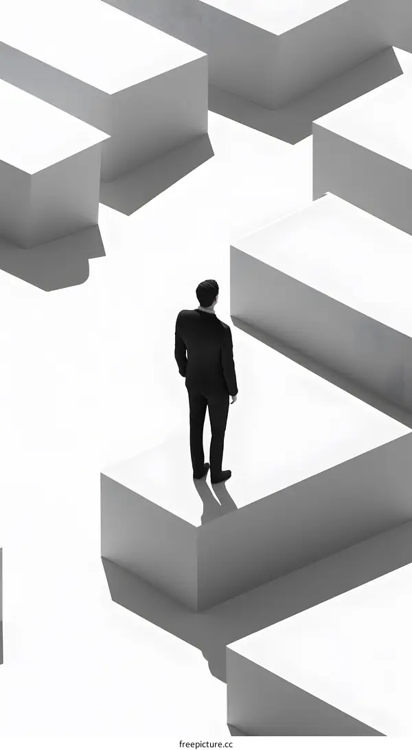 Businessman Standing on a Platform in a Labyrinth of Cubes