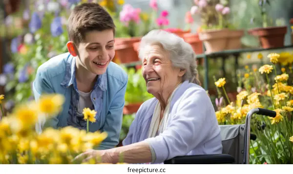 A young man and an elderly woman are smiling at each other in a garden