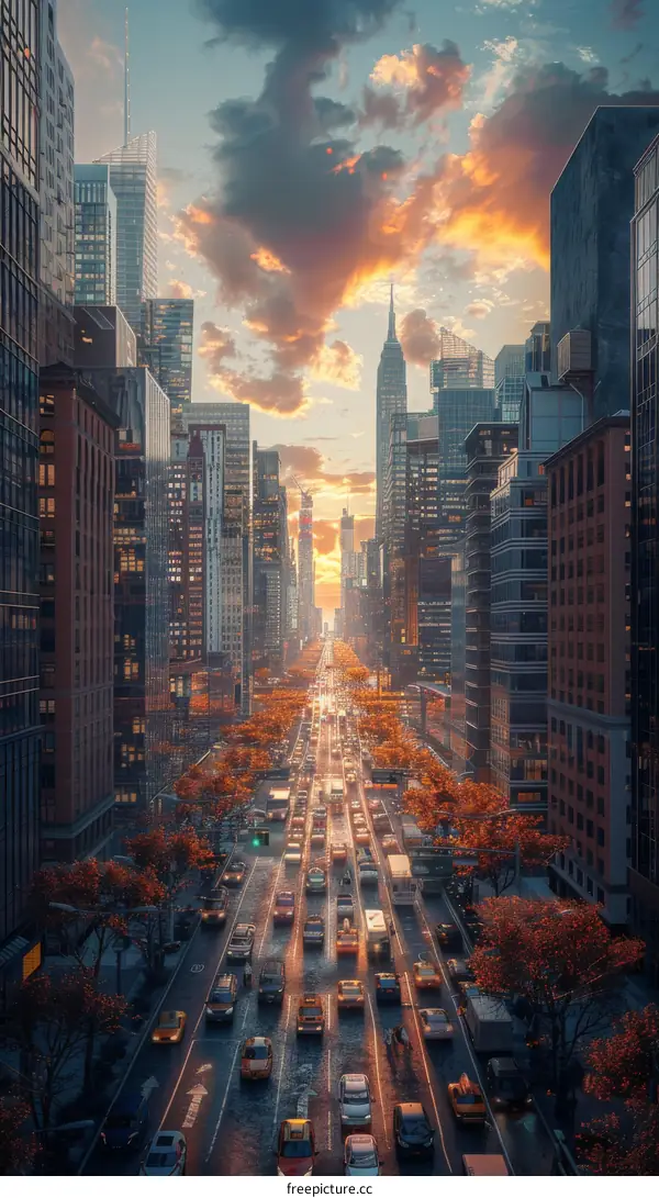 City Street at Sunset Illustration