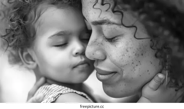Black and white portrait of a mother and her child
