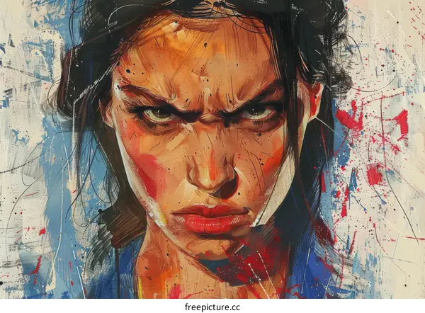 portrait of a woman with brown hair and blue eyes looking at the viewer with an angry expression