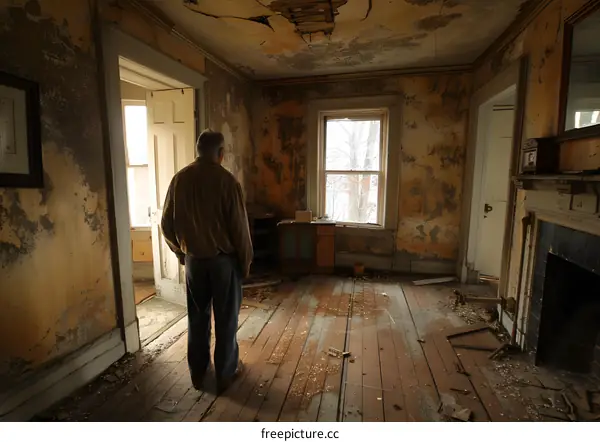 An old man standing in a room with a broken ceiling