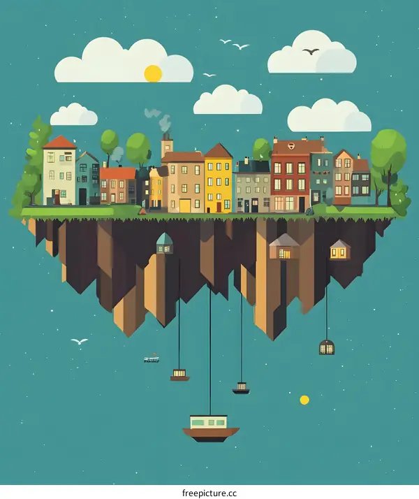 Floating City Illustration with Houses and Clouds