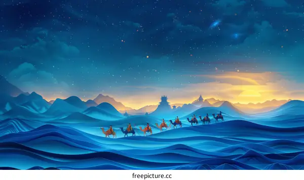 A group of people riding camels in the desert under a starry night sky