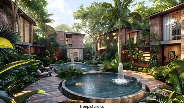 Courtyard of a tropical hotel with a pool