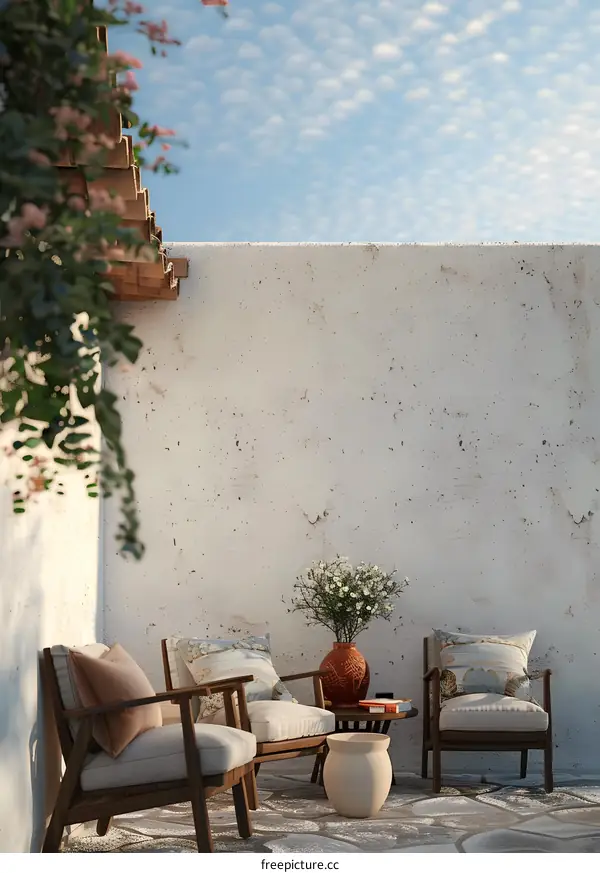 Minimalist Patio with Two Chairs and a White Wall