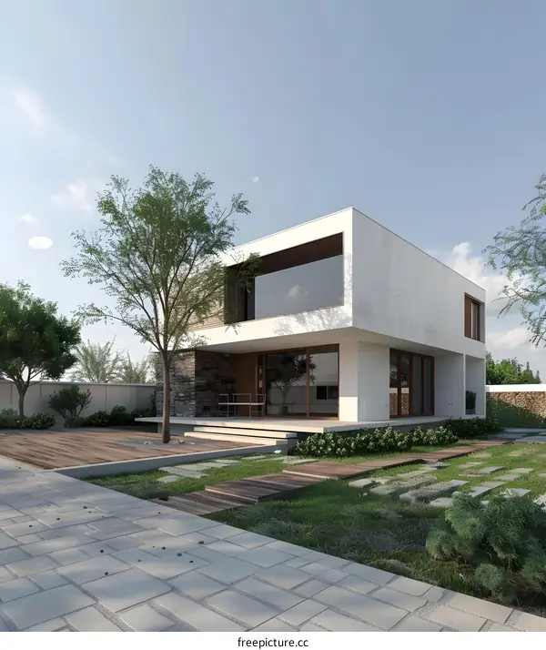 Modern Minimalist House with Large Windows and a Stone Facade