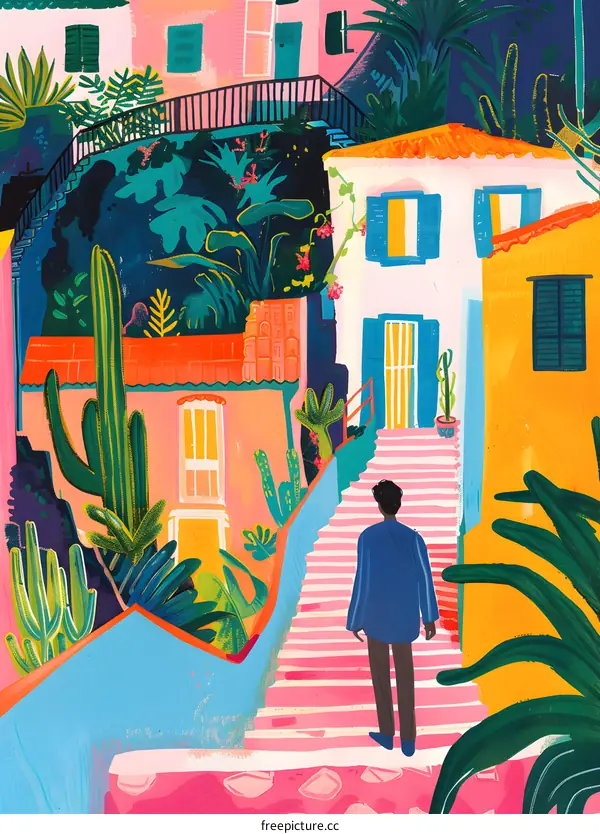 Man Walking Up Steps in a Colorful Town