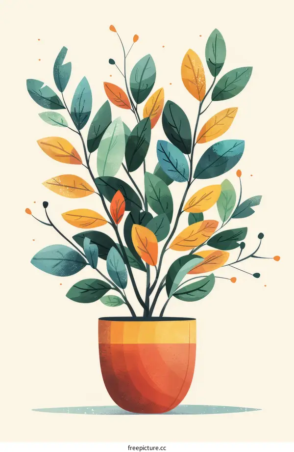 An illustration of a potted plant with green, yellow and orange leaves
