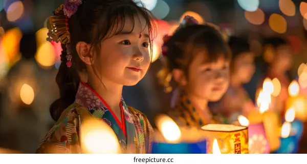 Two Japanese girls wearing kimono at a festival