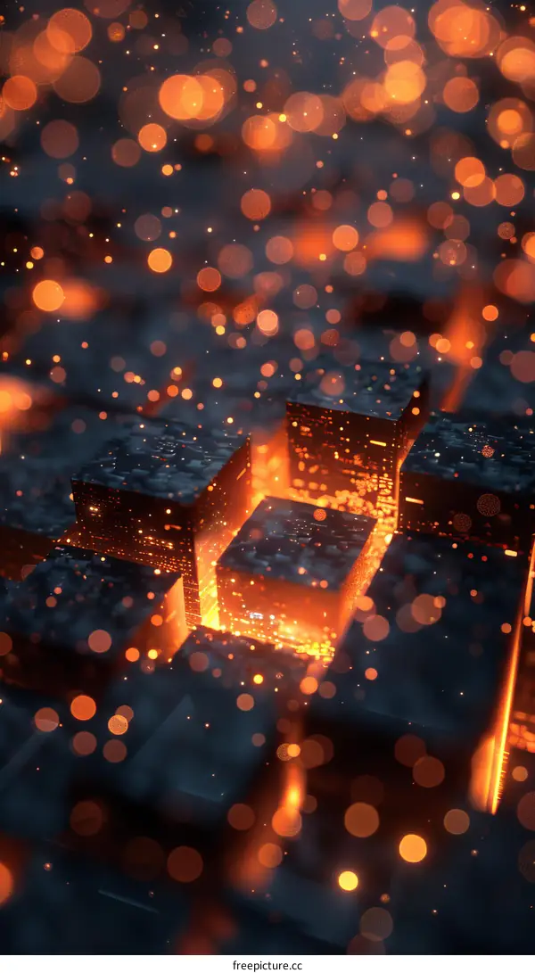 Abstract 3D rendering of glowing cubes with particles