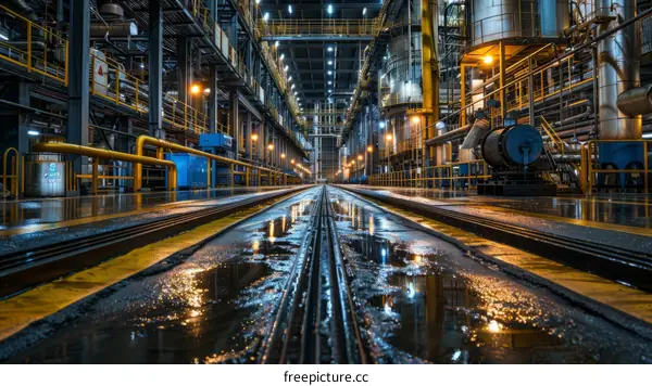 Industrial building factory interior with metal walkway and pipes