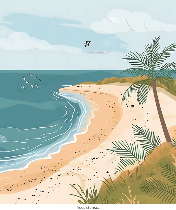 Tropical Beach with Palm Tree and Seagulls
