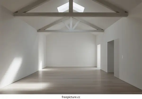 Spacious white empty room with wooden floor and exposed beams