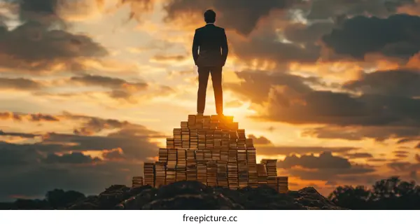 Businessman standing on a mountain of gold ingots looking at the sunset