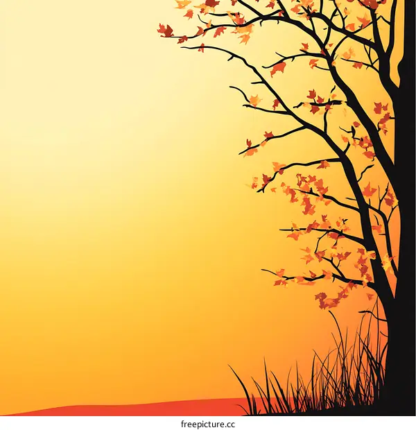 Autumn Tree Silhouette With Yellow Sunset Background