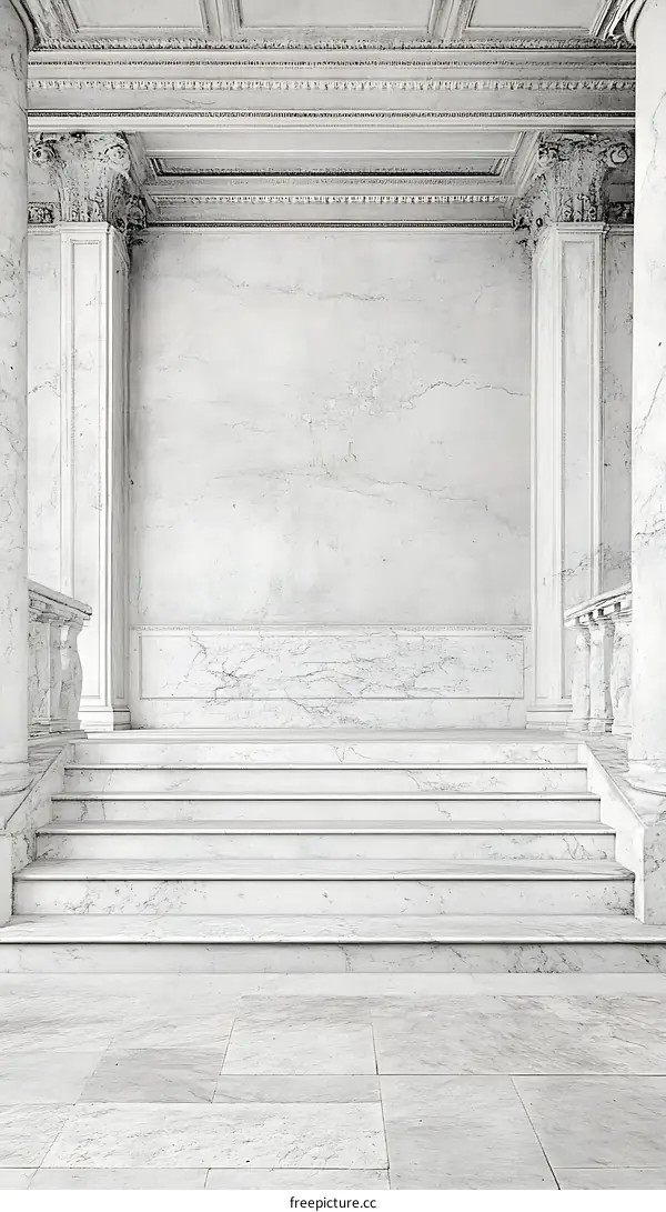White Marble Staircase With Columns In A Classical Building