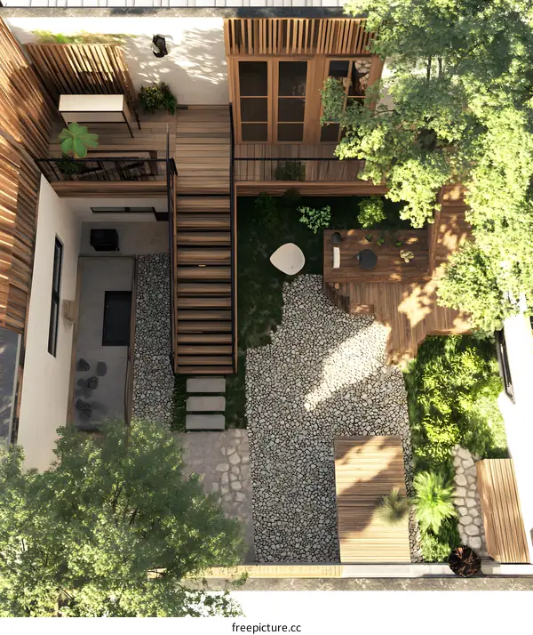 Aerial View of a Modern Minimalist Japanese Garden Design with Wooden Deck and Stone Patio