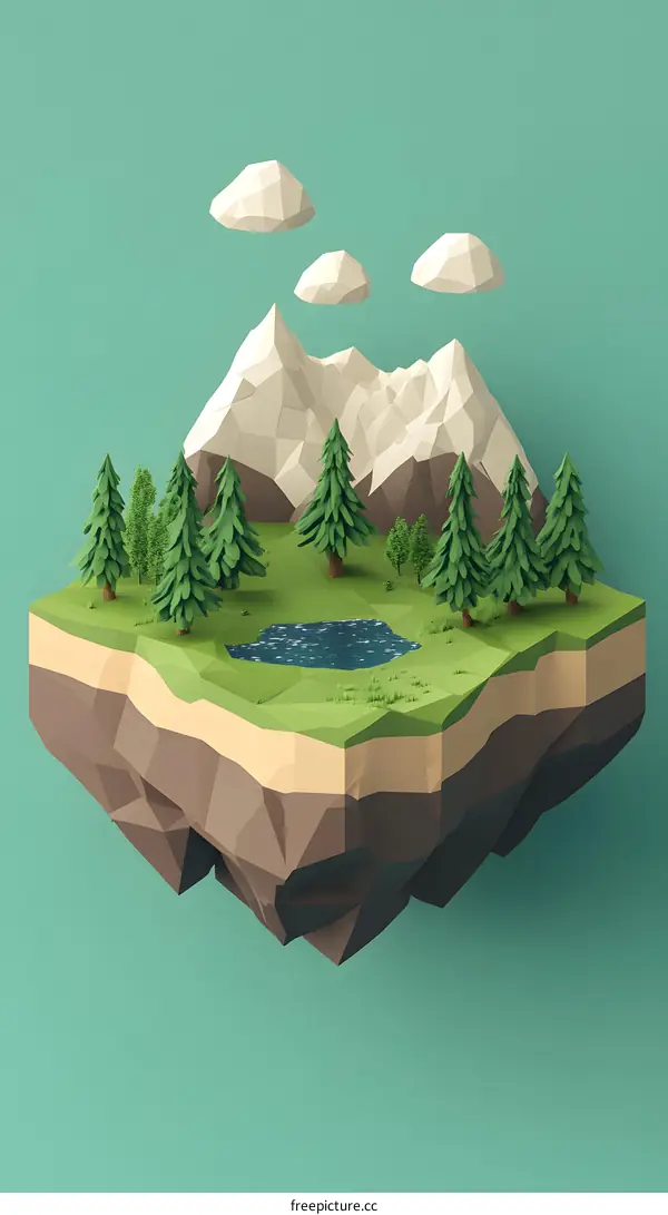 Low Poly Mountain Range with Trees and Clouds