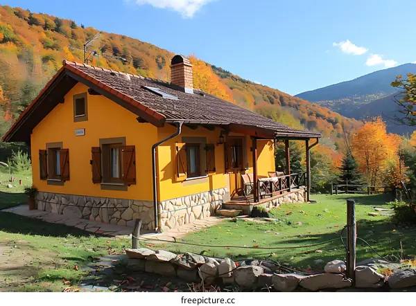 Yellow House in Autumn Forest