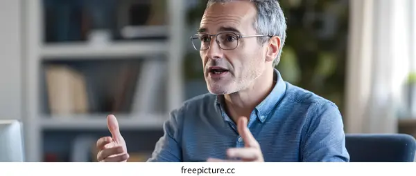 Caucasian Man in Blue Shirt Talking during Video Call
