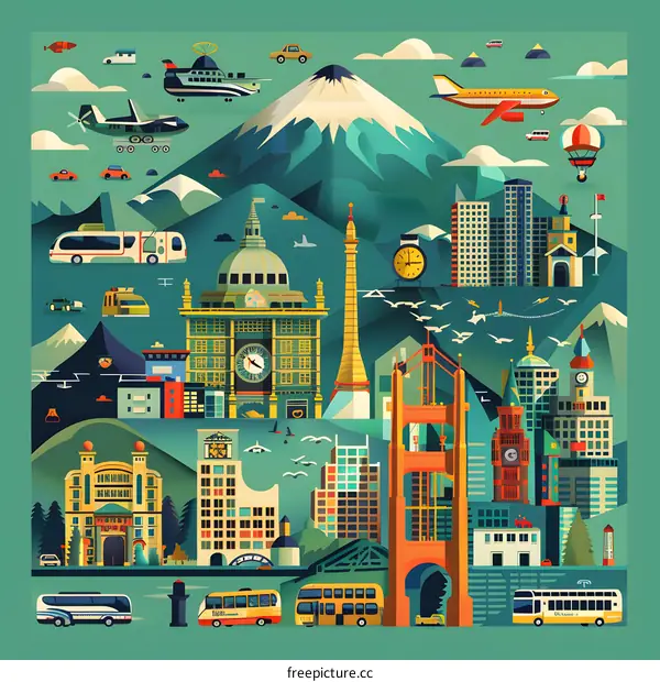 Cityscape Illustration with Buildings, Mountain, and Vehicles