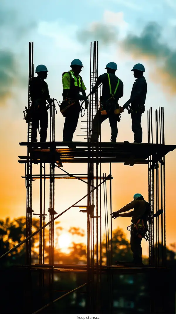 Construction Workers at Sunset on Steel Scaffolding