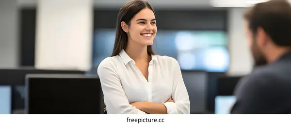 Smiling Woman in White Shirt at Work