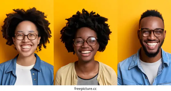 Three Smiling People Wearing Glasses Against Yellow Background