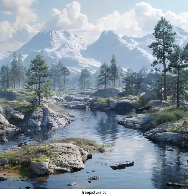 Majestic Mountain Landscape with River and Trees