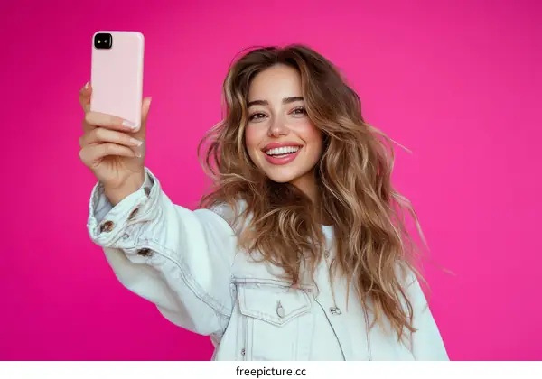 Woman Taking Selfie Against Vivid Pink Background