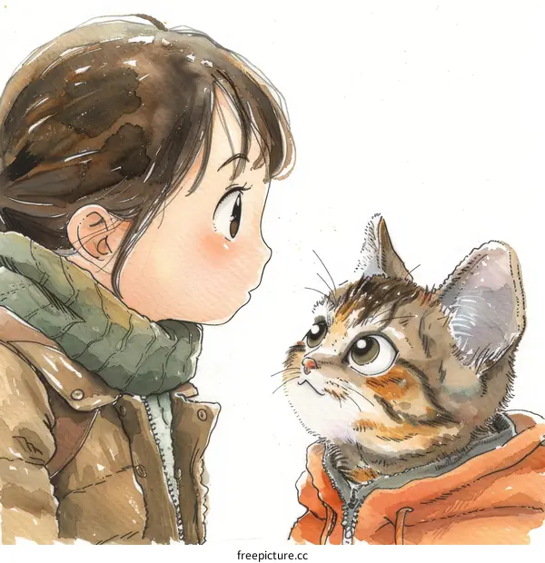 A girl and a cat are looking at each other