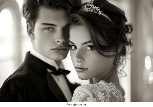 A black and white photo of a young couple staring at the camera