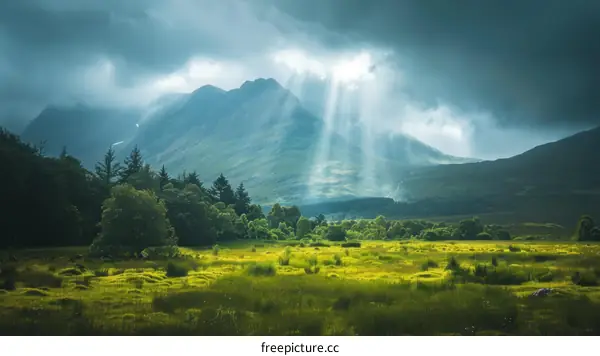 Majestic Mountain Landscape with Sunlit Clouds and Lush Forest