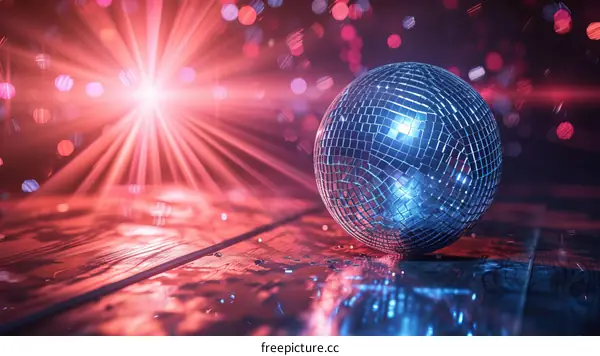 A disco ball on a wooden floor with a red and blue light background