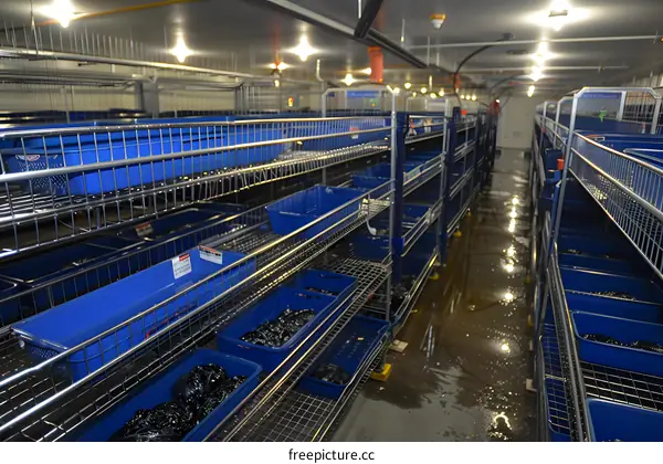 Blue Plastic Storage Bins on Metal Shelving in a Warehouse