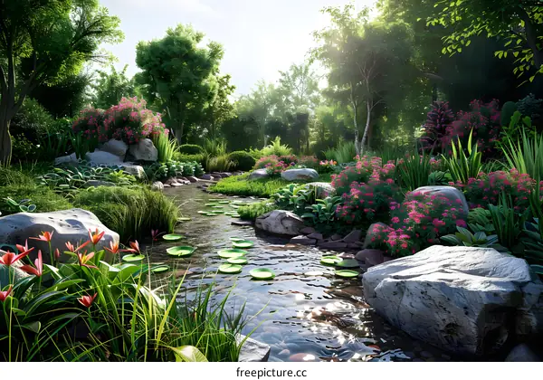 Natural Landscape: Stream, Rocks, and Plants