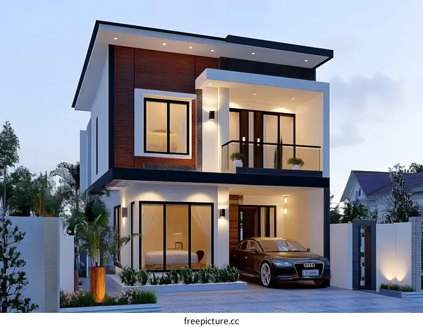 Modern Two Story House Design With Balcony And Car