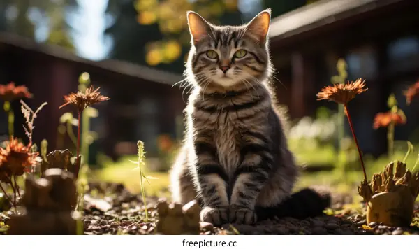 An adorable tabby cat sits in a garden of flowers