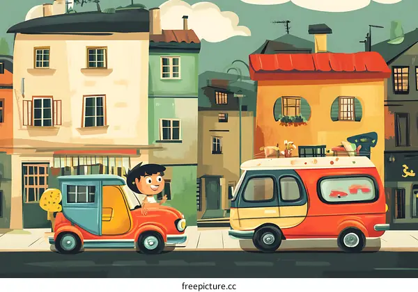 Cartoon Illustration of a Boy Driving a Car in a City