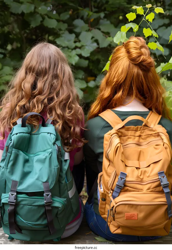 Two Young Women With Backpacks Sitting Back to Back in Nature