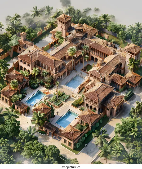 Aerial view of a large Spanish style mansion with pool