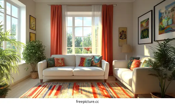 Modern Living Room Interior Design with Orange Curtains