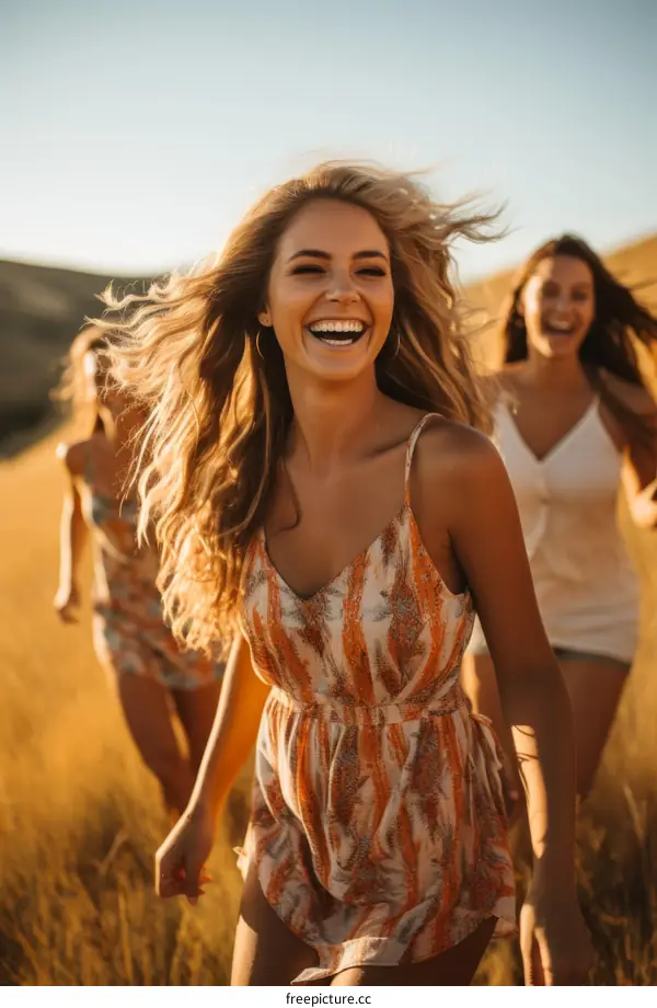 Three young women running through a field of wheat laughing